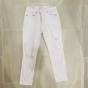 Joe’s Jeans white distressed jeans with raw hem, size 27.
